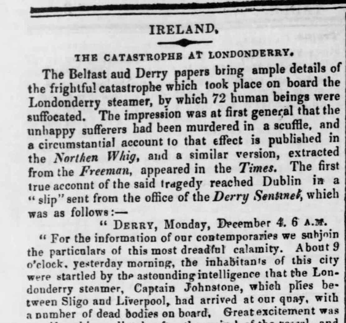 The paddle steamer The Londonderry, with immigrants fleeing the famine, takes shelter in Derry harbour