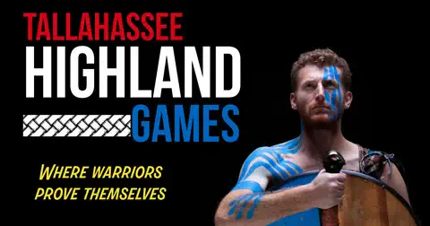 Tallahassee Highland Games promotional artwork featuring a Highland athlete