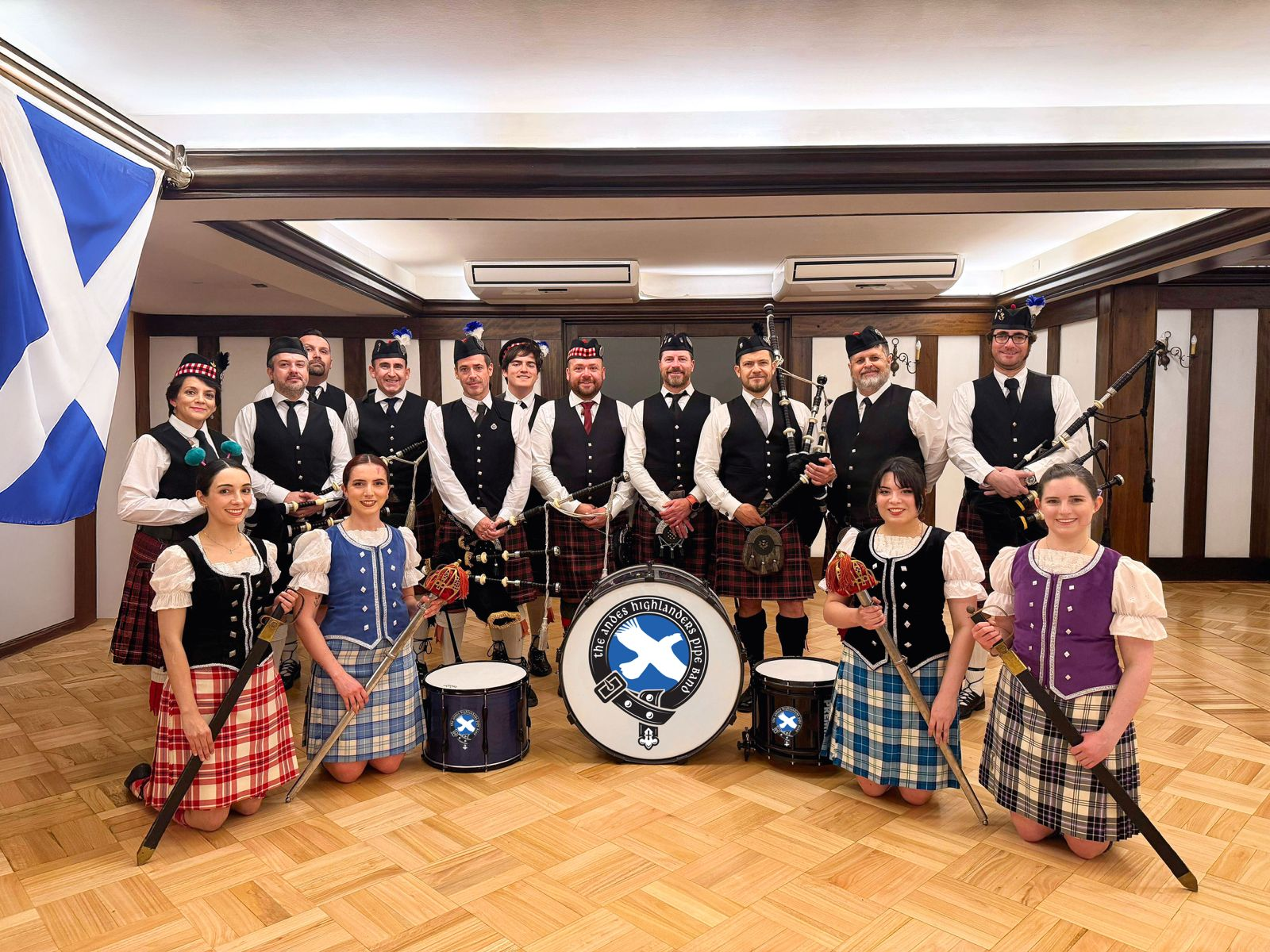 Andes Highlanders pipers, percussionists and Highland dancers