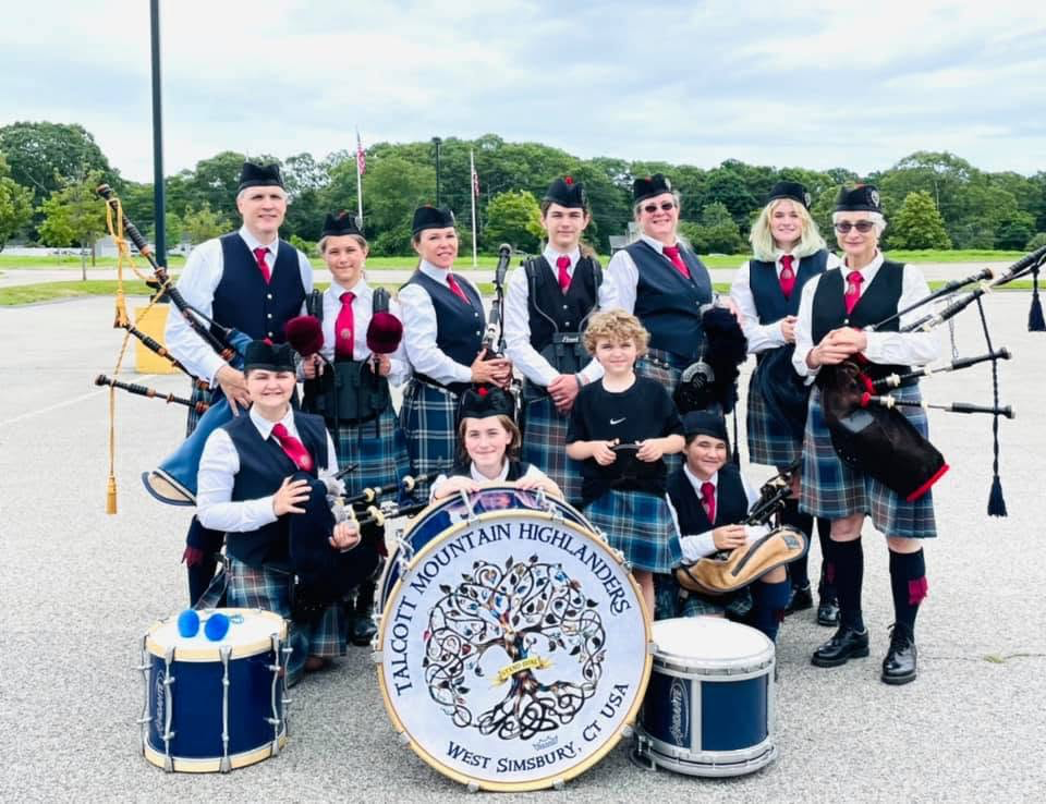 Talcott Mountain Highlanders gathered with their pipes and drums